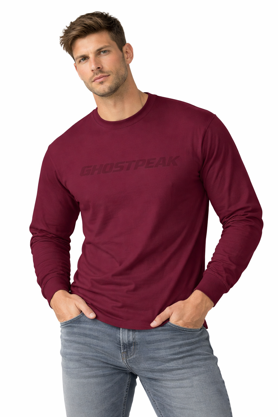 Maroon Ghost Peak Long Sleeve Tee Minimal Logo